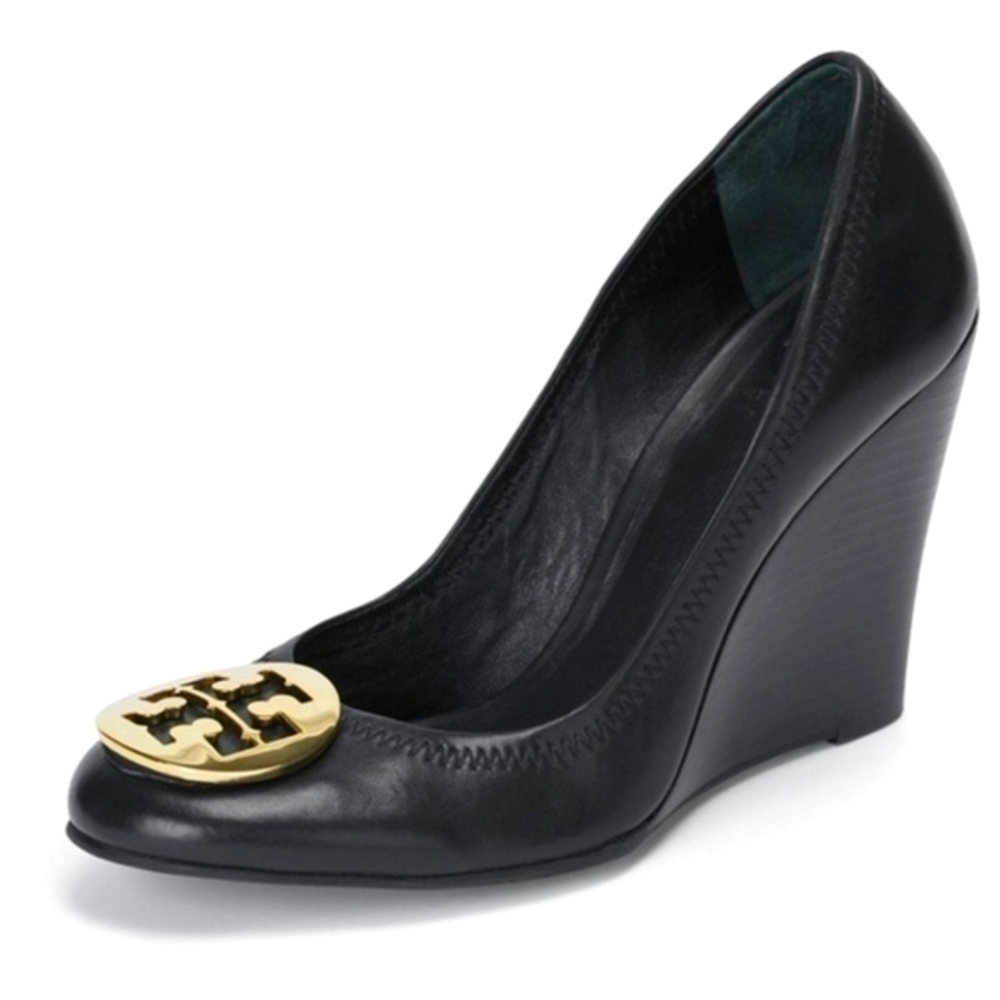 Tory Burch Designer Sophie Sally Black Leather Wedge Gold Logo Pump Heel 7.5